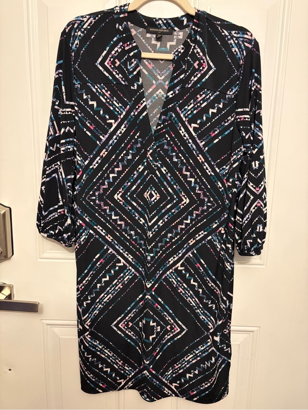 Banana Republic Black Dress with Teal and Pink Geometric Print Size Medium